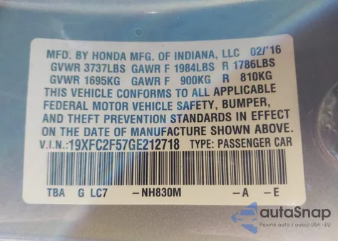 2016 Honda Civic Lx z USA, uszkodzony, nr VIN 19XFC2F57GE212718